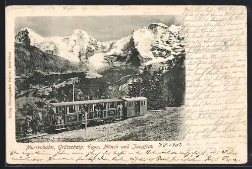 AK Mürrenbahn, Bergbahn mit Grütschalp, Eiger, Mönch u. Jungfrau