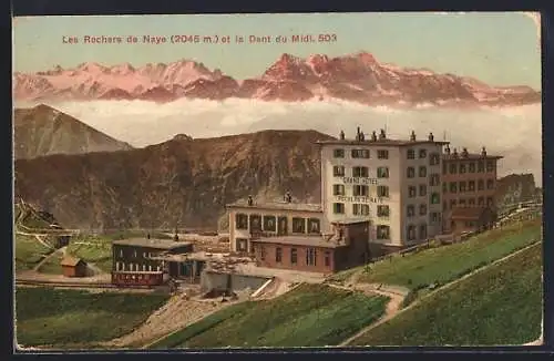 AK Rochers de Naye, Les Rochers de Naye et la Dent du Midi, Bergbahn, Grand Hotel