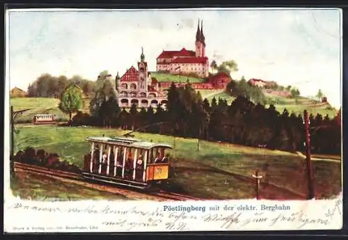 AK Linz a. D., Pöstlingberg mit der elektr. Bergbahn, Strassenbahn