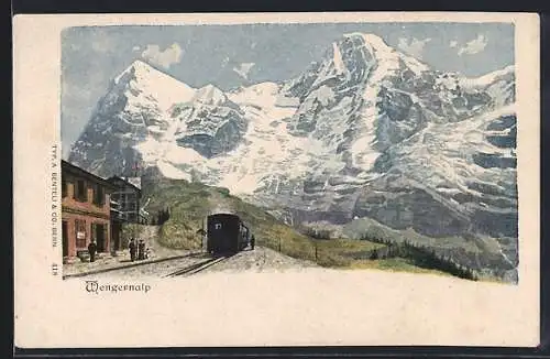 AK Wengernalp, Ortsansicht mit Bergbahn und Gipfelpanorama