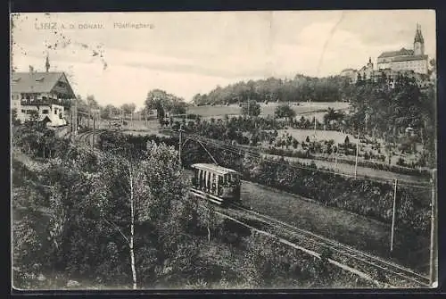 AK Linz a. d. Donau, Pöstlingberg, Ortsansicht mit Bergbahn