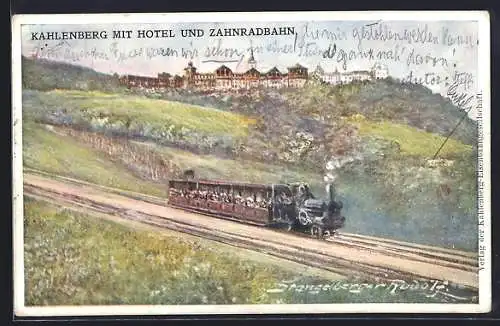 AK Kahlenberg, Ortspartie mit Hotel und Zahnradbahn