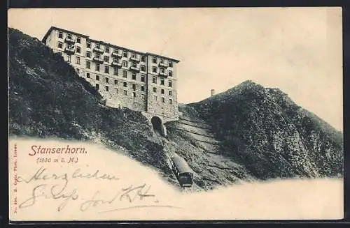 AK Stanserhorn, Stationsgebäude und Bergbahn am Hang