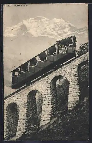 AK Mürren-Bergbahn fährt bergauf, Alpenpanorama