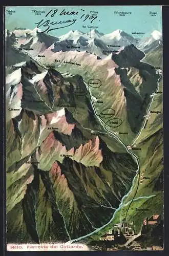 AK Landkarte Ferrovia del Gottardo aus der Vogelperspektive, mit Bergkette
