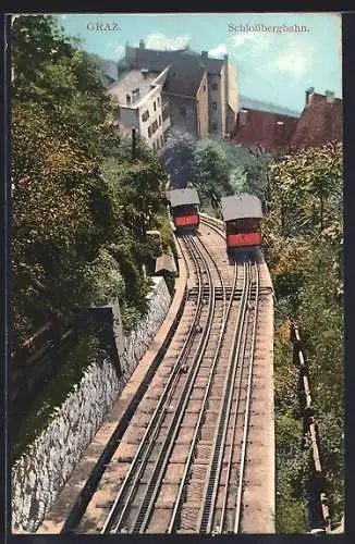 AK Graz, Schlossbergbahn mit Blick auf Gebäude