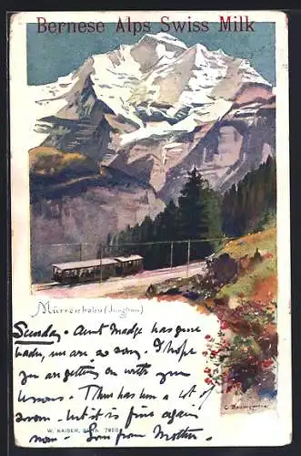 AK Lauterbrunnen, Blick auf die Mürrenbahn und das Jungfrau-Gebirge