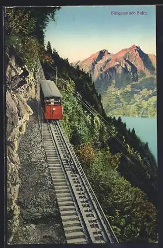 AK Bürgenstock-Bahn, Bergbahn mit Gipfelpanorama u. Wasserblick