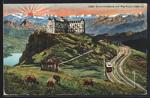 AK Rigi-Kulm, Gesamtansicht mit Bergbahn und aufgehender Sonne