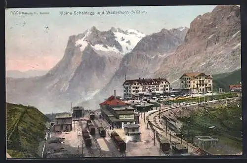 AK Kleine Scheidegg, Ortsansicht mit Bergbahn, Station und Wetterhorn aus der Vogelschau