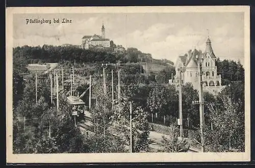 AK Pöstlingberg bei Linz, Ortsansicht mit Bergbahn aus der Vogelschau