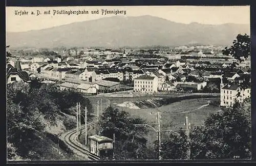 AK Urfahr a. D., Ortsansicht mit Pöstlingerbahn und Pfennigberg