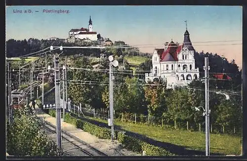 AK Linz a. D., Pöstlingberg, Ortsansicht mit Bergbahn