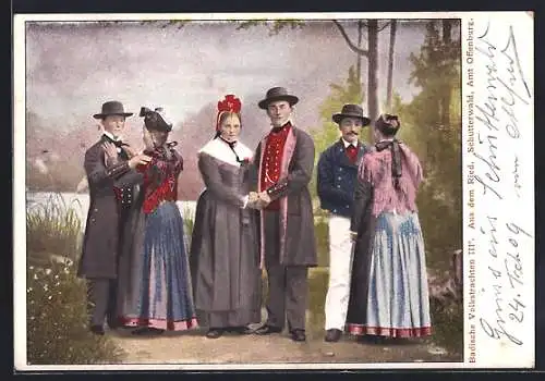 AK Offenburg, Badische Volkstrachten aus dem Schutterwald, Gruppenbild