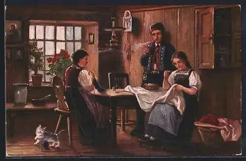 AK Pfeifenraucher und zwei nähende Frauen, Schwarzwälder Tracht, Bauernstube