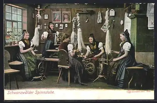 AK Schwarzwälder Trachten, Spinnstube mit fünf Frauen
