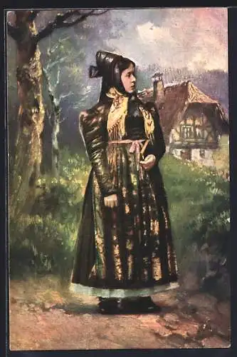AK Elzthälerin in Schwarzwälder Tracht, Schwarzwälder Haus