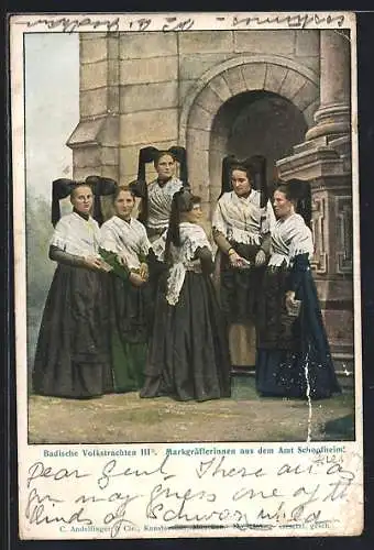 AK Badische Volkstrachten, Markgräflerinnen aus dem Amt Schopfheim, Schwarzwälder Tracht