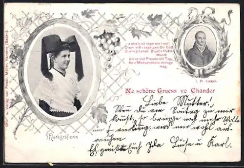 AK Markgräflerin und Portrait I. P. Hebel, Gedicht