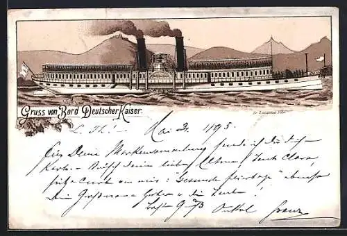 Vorläufer-Lithographie Dampfer Deutscher Kaiser in Fahrt 1895