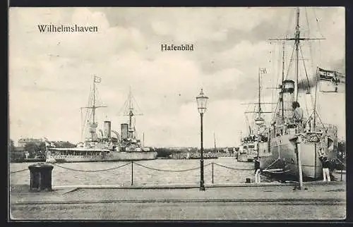 AK Wilhelmshaven, Hafenbild mit Kriegsschiffen
