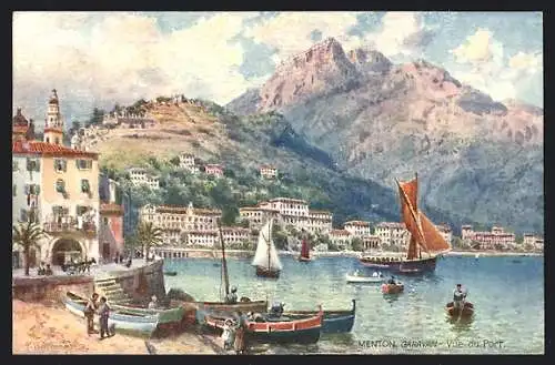Künstler-AK Menton, Garavan, Vue du port avec bateaux et montagnes en arrière-plan