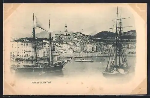 AK Menton, Vue du port avec voiliers et panorama urbain