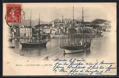 AK Menton, La Vieille Ville avec voiliers dans le port