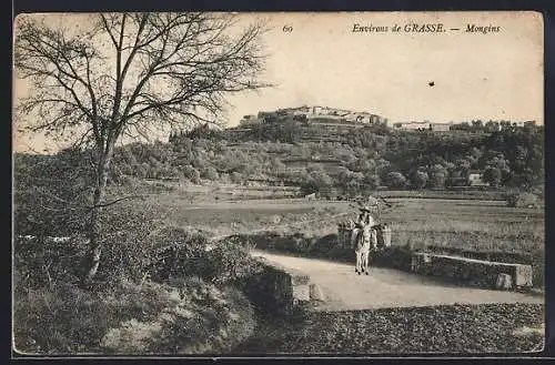 AK Mougins, Vue sur le village avec un cavalier au premier plan