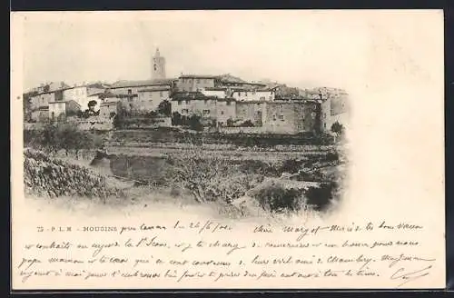 AK Mougins, Vue générale du village avec clocher en arrière-plan