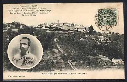 AK Mougins, Vue du village et portrait du Commandant Lamy