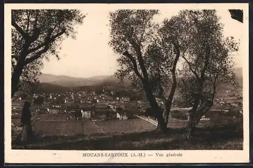 AK Mouans-Sartoux, Vue générale du village depuis la colline avec arbres au premier plan