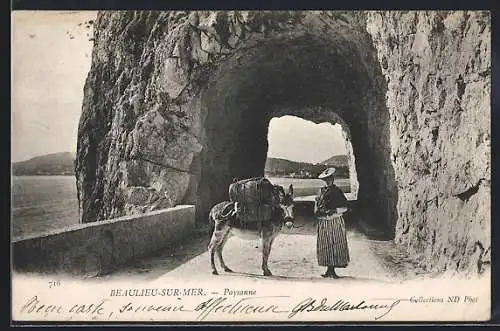 AK Beaulieu-sur-Mer, Paysanne avec un âne dans un tunnel côtier