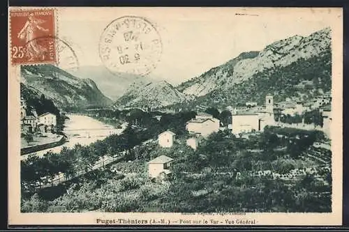 AK Puget-Théniers, Pont sur le Var et vue générale du village et des montagnes environnantes
