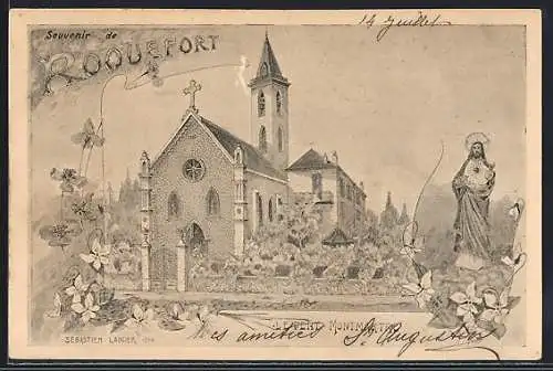 AK Roquefort, Souvenir de l`église avec statue et décor floral