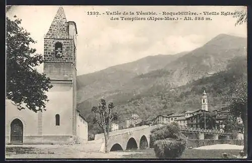 AK Roquebillière, Vieille Église des Templiers et pont dans la vallée de la Vésubie
