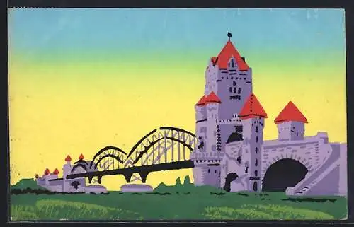 Künstler-AK Mainz, Blick auf die Kaiserbrücke