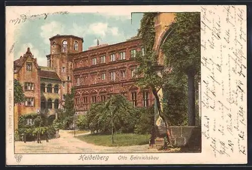 AK Heidelberg, Otto Heinrichsbau mit Grünanlage