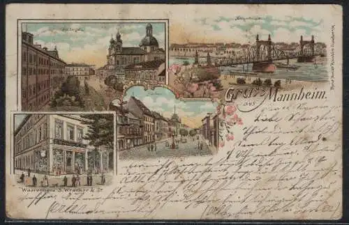 Lithographie Mannheim, Neckarbrücke, Schillerplatz, Planken, Waarenhaus S. Wronker & Co.