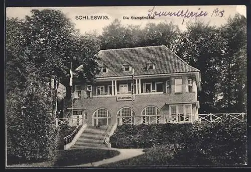 AK Schleswig, Gasthaus Stampfmühle mit Park