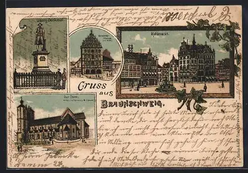 Lithographie Braunschweig, Lessing-Denkmal, Kohlmarkt, Dom