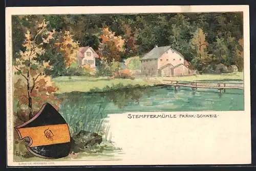 Lithographie Gössweinstein / Fränk. Schweiz, Gasthaus Stempfermühle, Wappen
