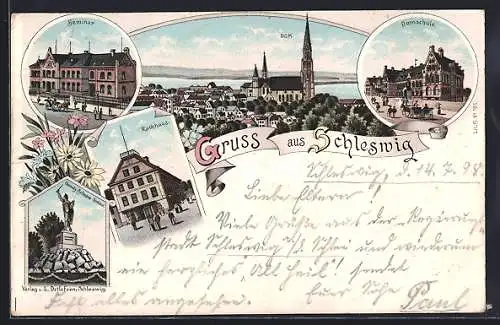 Lithographie Schleswig, Domschule, Seminar, Rathaus