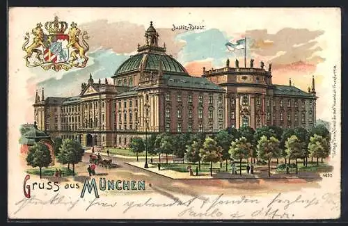 Lithographie München, Blick auf den Justiz-Palast, Wappen