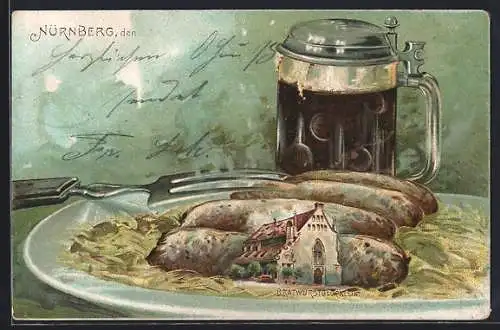 Lithographie Nürnberg, Gasthaus Bratwurstglöcklein, Biermass
