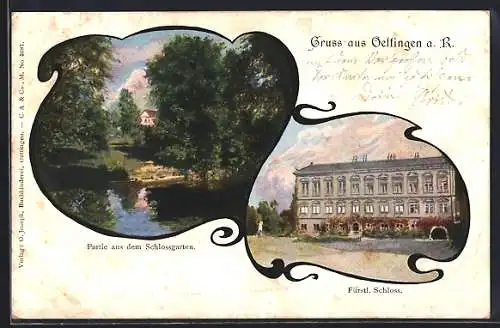 AK Oettingen a. R., Partie im Schlossgarten, Fürstl. Schloss
