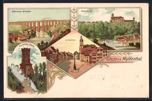 Lithographie Lunzenau, Strassenpartie, Rochlitzer Berg, Rochsburg, Göhrener Brücke