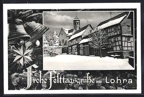 AK Lohra /Marburg, Ortsansicht im Schnee mit Glocken und Tannenzweigen