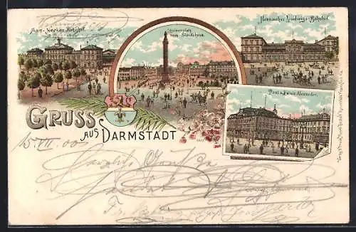 Lithographie Darmstadt, Main-Neckar-Bahnhof, Post, Palais Alexander, Louisenplatz, Wappen