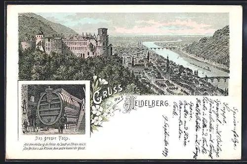 Lithographie Heidelberg, Gesamtansicht vom Ort, das grosse Fass im Schloss